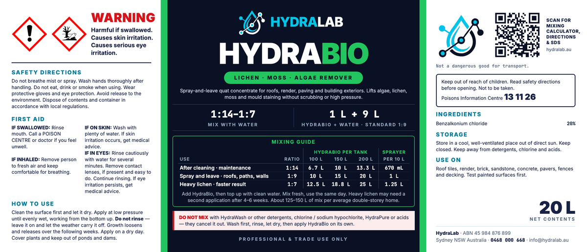 HydraBio 20L lichen, moss and algae remover label