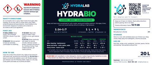 HydraBio 20L lichen, moss and algae remover label