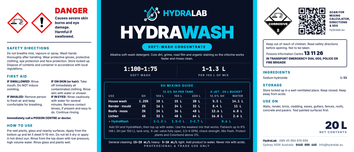 HydraWash 20L soft-wash concentrate label