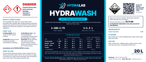 HydraWash 20L soft-wash concentrate label
